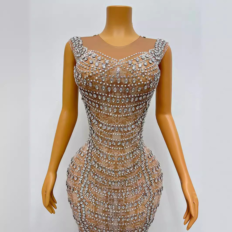 apricot Mesh Material Low Round Neck Sleeveless Rear Split Elegant Bead Evening Dress Wedding Dress