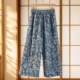 度假风印花天丝棉直筒裤女夏季复古文艺宽松显瘦休闲阔腿裤子