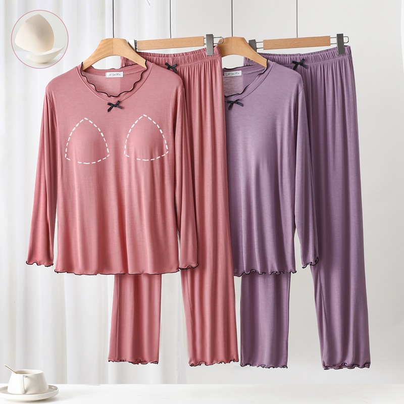 Modal Padded Bra Pajamas for Women, Thin Large Size Long-Sleeved Pants That Can Be Worn Outside, Spring and Summer Home Wear Set