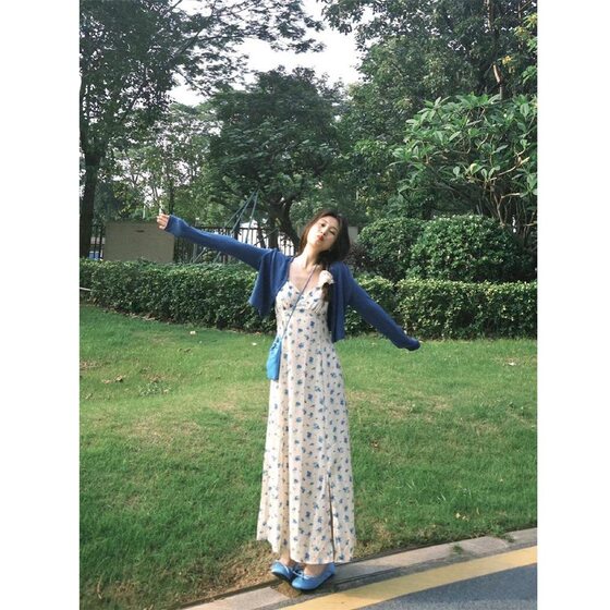 [Ruida] French Floral V-neck Strap dress Knitted Cardigan 2025 Summer High-end Two-piece Set