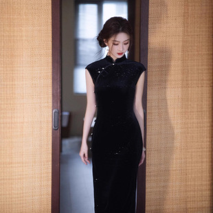 Black Hot Rhinestone Advanced New Chinese Style Beautiful Cheongsam 2025 New Summer Sleeveless Republic of China Style Daily Wear Evening Dress