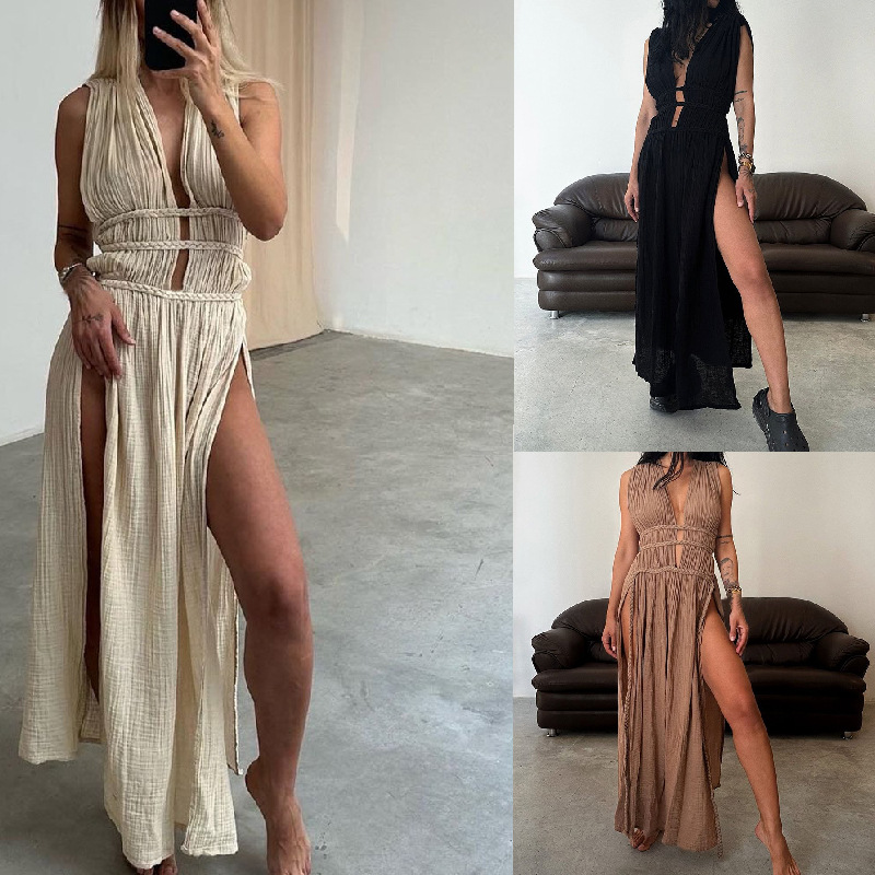 245g Weight Maxi Long Dress Dress Length Type Sleeveless Sleeve Length Tank Dress Dresses Type Linen Fabric Type Mid Waist Waist Line Holiday, Daily Occasion Deep V Neckline Regular Fit Fit Type Solid Color Pattern Summer Season Women's Gender Streetwear Style Wholesale Women's Streetwear Solid Color Holiday Daily Deep V Sleeveless Tank Dress 无