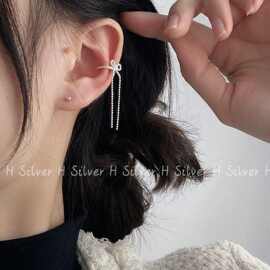 S925纯银小众设计甜美风格蝴蝶结流苏耳骨夹百搭个性