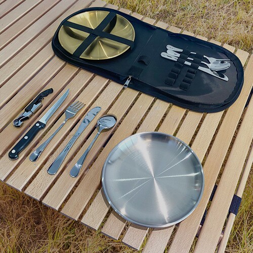 Cross-border tableware stainless steel 24-piece set outdoor camping portable handbag Western food knife, fork, spoon plate, travel tableware
