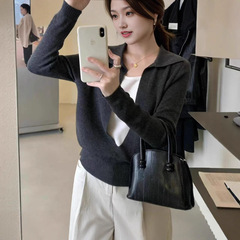 简约高级感假两件翻领设计感针织衫女新款秋修身显瘦百搭气质上衣