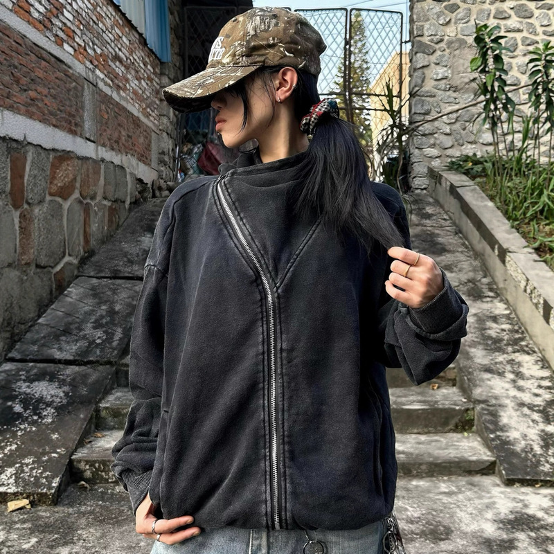 American Retro Washed Distressed Black Hooded Sweatshirt for Men and Women, New Autumn Design, Loose and Versatile Cardigan Outerwear