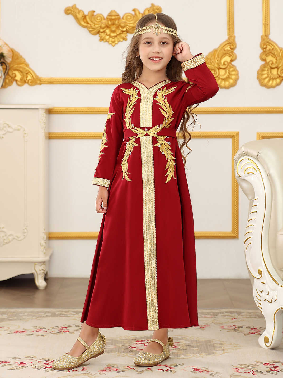Transfronterizo Amazon vestido largo para niños nuevo cinturón de manga larga encaje vestido de niña bordado de color puro