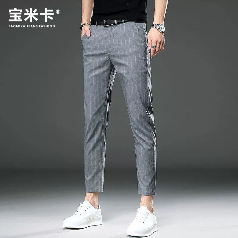 Летние элитные мужские укороченные брюки, модные универсальные полосатые эластичные тонкие повседневные брюки, модные облегающие укороченные мужские брюки