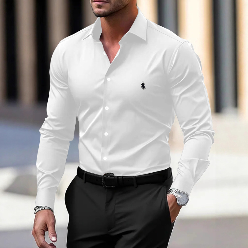 Foreign Trade Pony Logo Long-Sleeved Shirt Men's Business Korean Style Handsome Professional Slim-Fit Shirt No Ironing