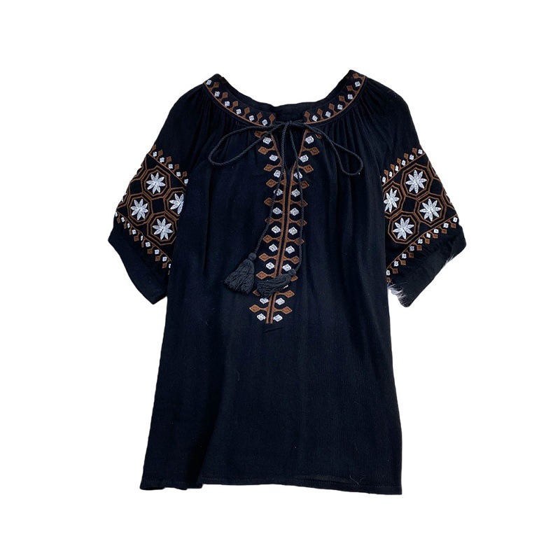 Women's Bohemian Style Sweet Embroidered Tie Neck Round Neck Mid Sleeve T-Shirt Summer Loose Fit Slimming Ethnic Retro Top_ecoleips.com