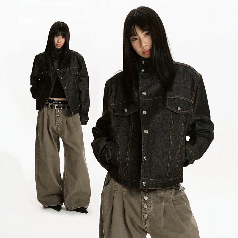 American-style trendy brand raw denim black stand-up collar denim jacket for women, spring and autumn, high-end feel, diagonal placket, stiff short jacket