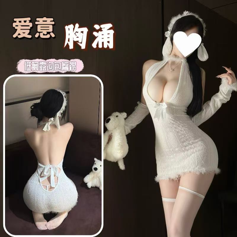 Bunny Girl Roleplay Lingerie Set with Halter Deep V Plush Dress and Stockings — detail image 1
