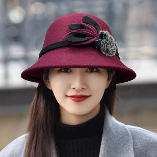 Woolen hat French high-end single-sided woolen pompom spring and autumn British style fisherman hat retro elegant small basin hat