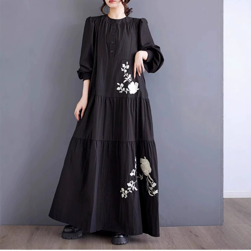 Fashionable autumn long skirt, dress, with embroidery, flowered, plus size