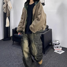 美式复古迷彩连帽棉服外套男女潮牌欧美街头痞帅双面穿保暖棉衣男