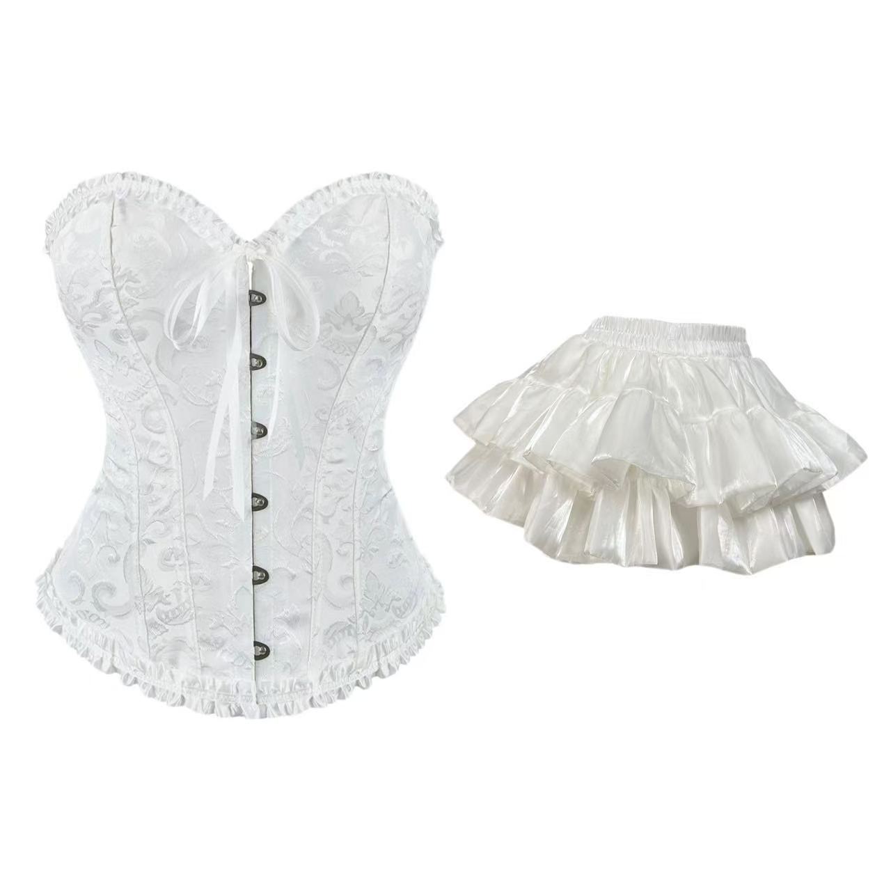 Strapless Fishbone Corset Top with Pleated Lace, Tummy-Control Bridal Shapewear, Black Mesh Skirt — detail image 9
