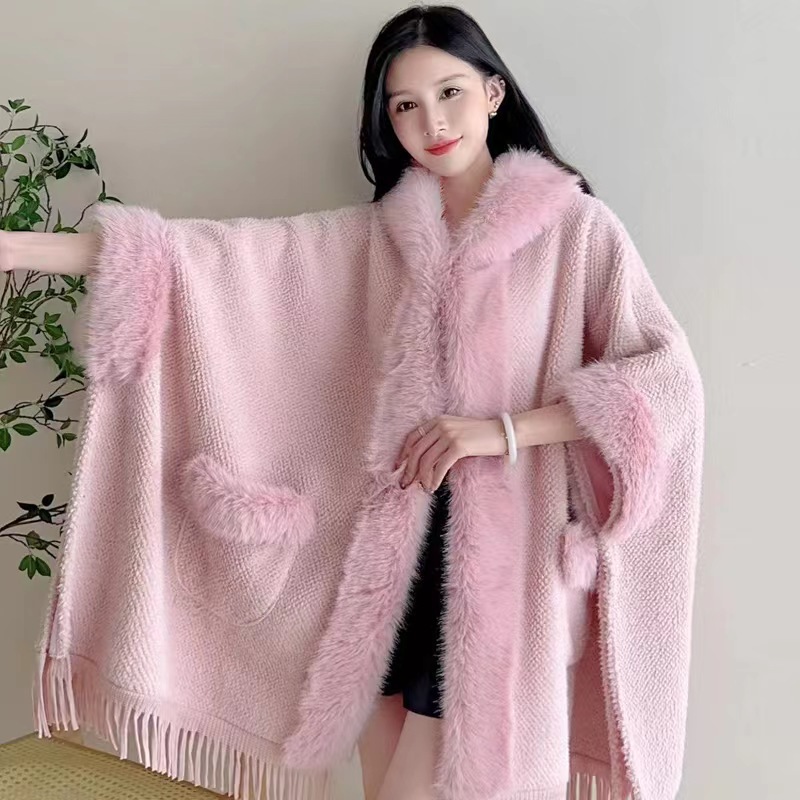 Extra Fleece, extra dicker Wollkragen, Kapuzentasche, Schal, Umhang, lockere Strickjacke, großer Wollmantel für Damen_voghion.com