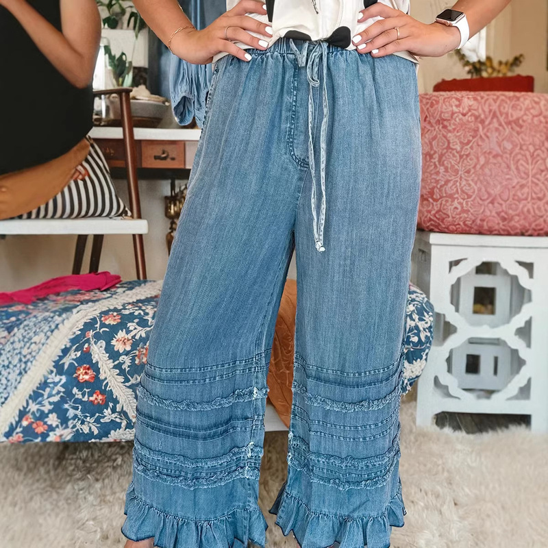 Trendy Spring New Solid Color Drawstring Jeans for Women, European and American Style, Unique Design, Ruffled High-Waisted Wide-Leg Pants for Women