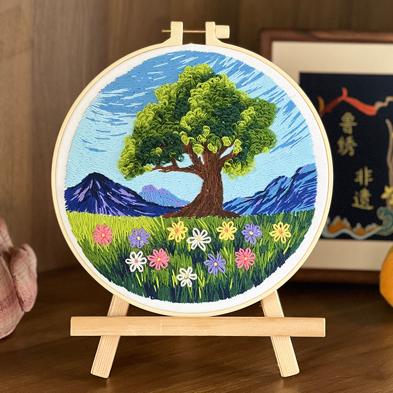 Lu bordado montaña de la luna pintura colgante hecha a mano DIY material bordado paquete de pintura colgante de paisaje forestal conjunto inglés de cuatro piezas