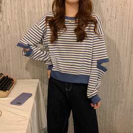 韩国2021秋冬新款韩版短款条纹宽松卫衣女长袖收腰上衣薄款打底衫