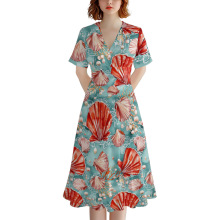 大码外贸女士跨境夏季女生长裙V领显瘦短袖连衣裙气质宽松大摆裙