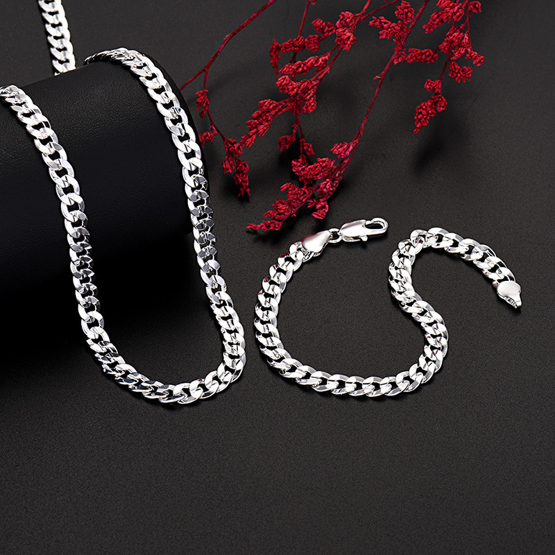 Foreign trade cross-border copper plated 925 silver 7mm side concave car flower men's and women's bracelet necklace set punk live