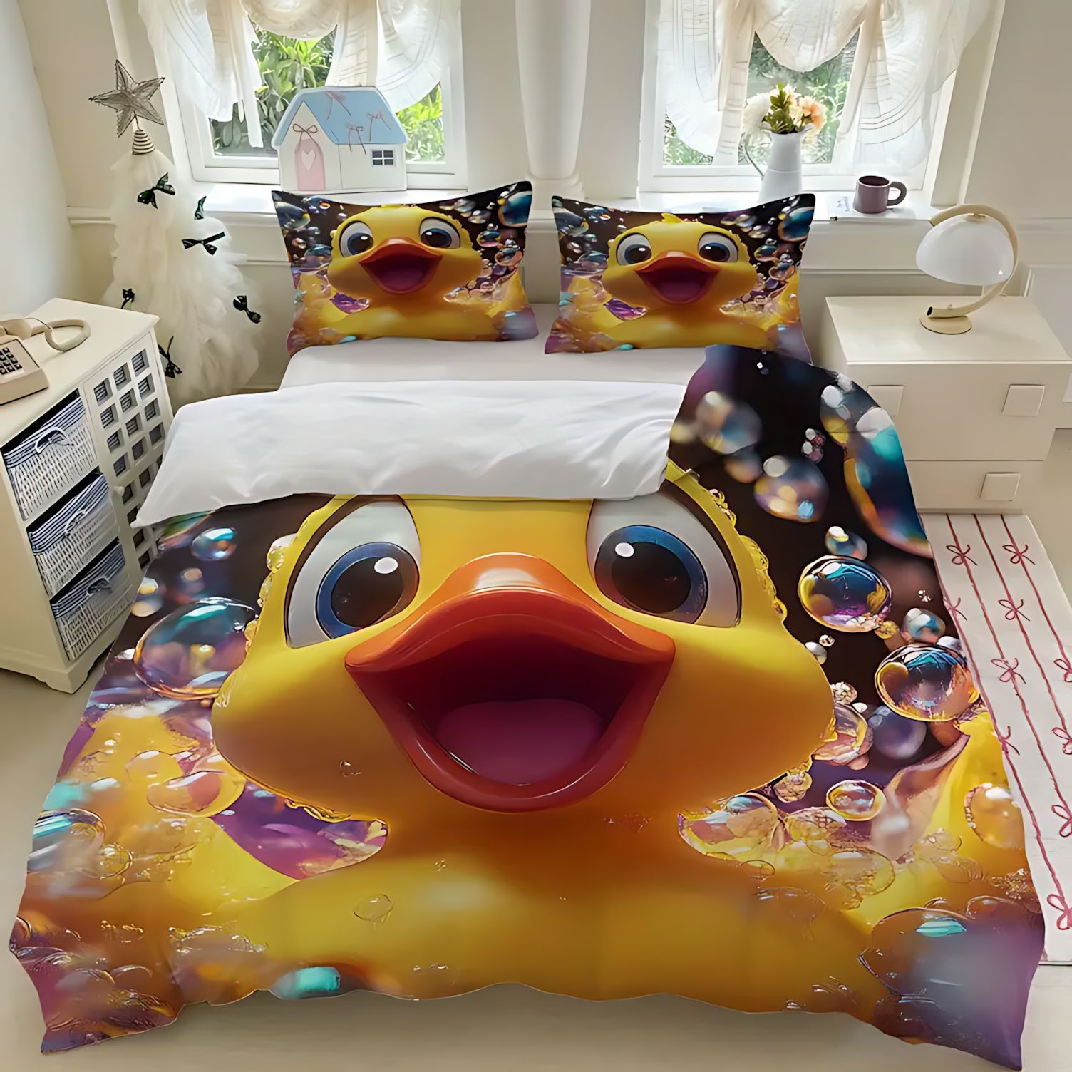 TEMU / JIT comercio exterior impresión digital 3D patito amarillo patrón de pelo abrasivo colcha de cama set