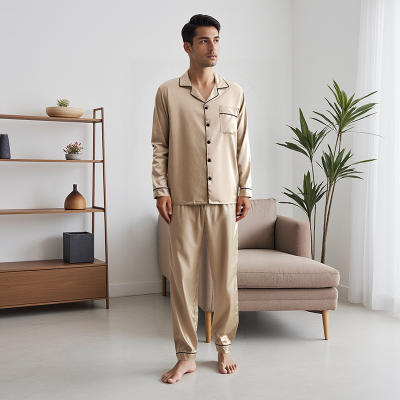 Cross-Border Amazon Men's Ice Silk Pajamas Spring and Autumn Suit Wedding Red Long-Sleeved Trousers Home Clothes Suit