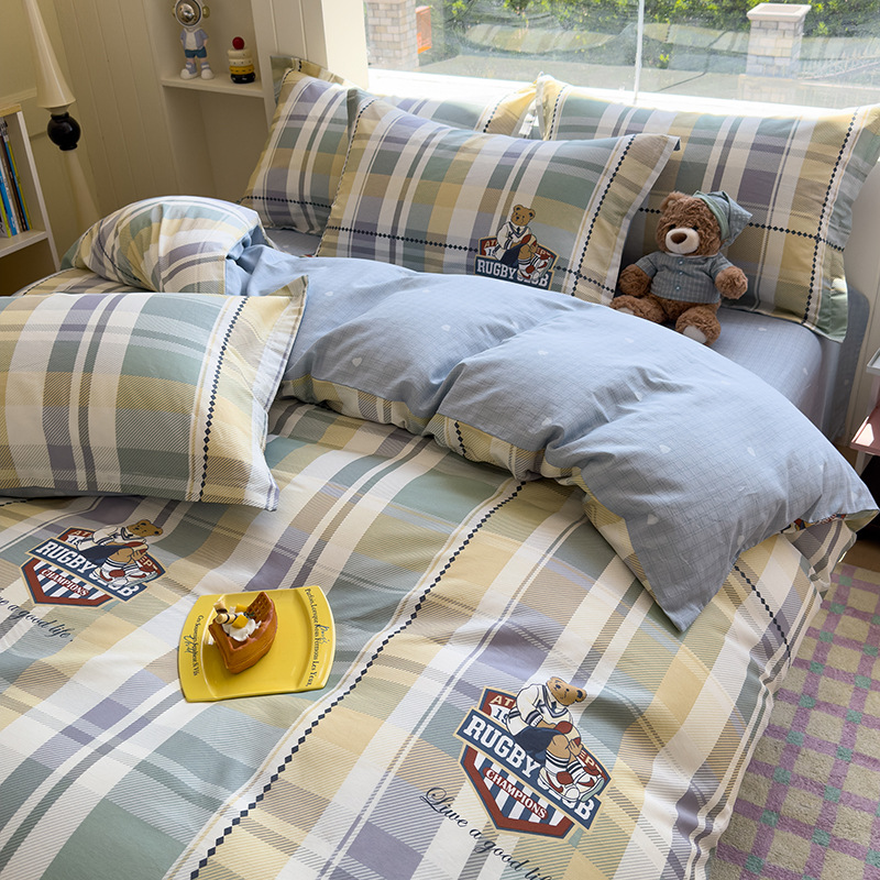 Sin impresión de cuatro piezas de algodón puro, algodón completo, ropa de cama transpirable para estudiantes, cuatro piezas de clase madre y bebé