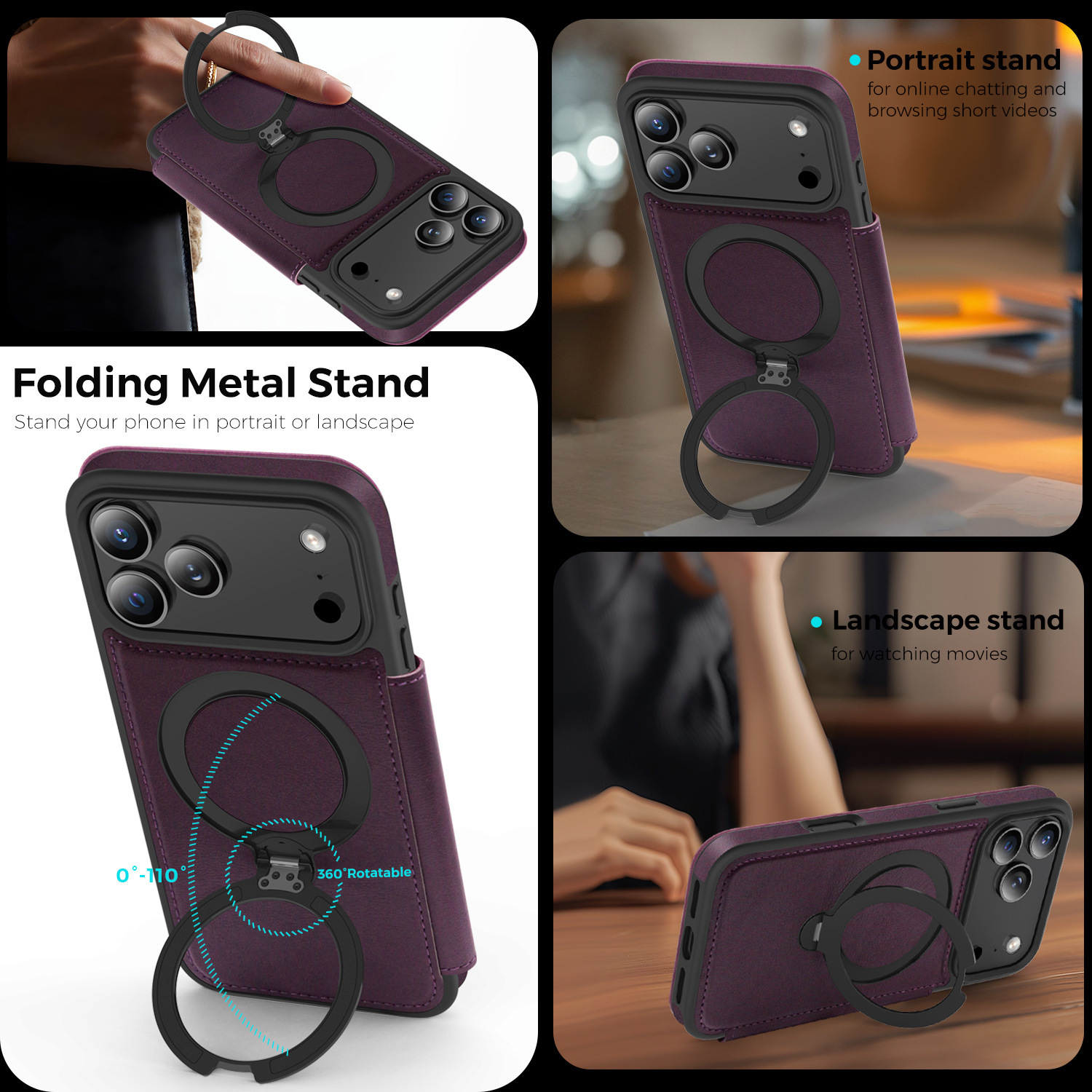 Ốp lưng da lật iPhone 16 Pro Max xoay 360 độ tích hợp giá đỡ từ tính — màu đen, màu xanh hoàng gia, Màu nâu, xám chi tiết 17