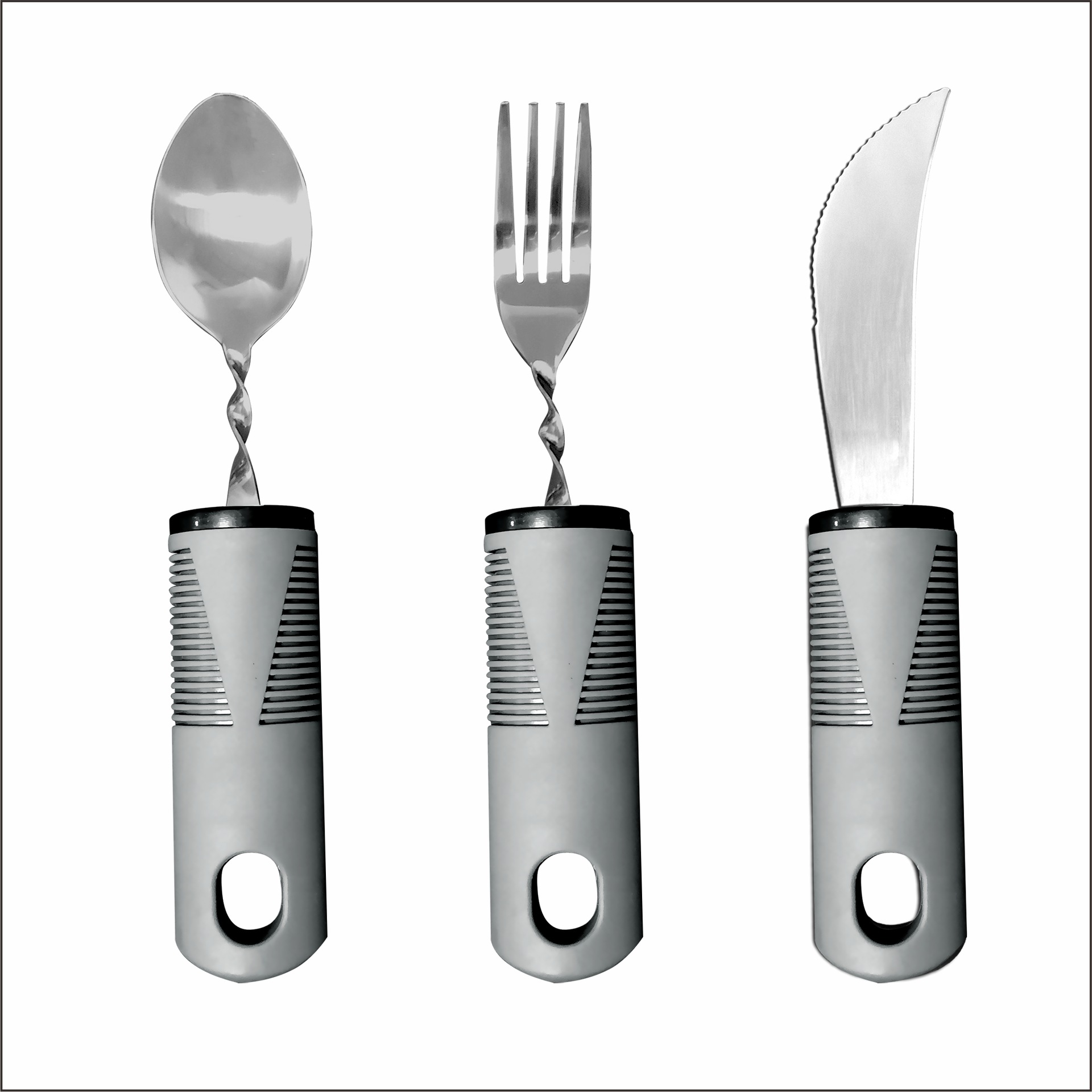 Mango transfronterizo de caucho y plástico de acero inoxidable antivibración, plegable adaptable y doblado para ancianos, vajilla de rehabilitación de alimentos, juego de cuchillos, tenedores y cucharas