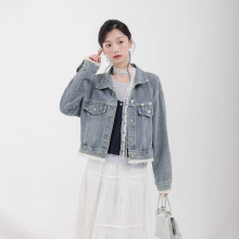 甜美蕾丝拼接牛仔短外套女2025秋季款复古减龄小个子翻领夹克上衣