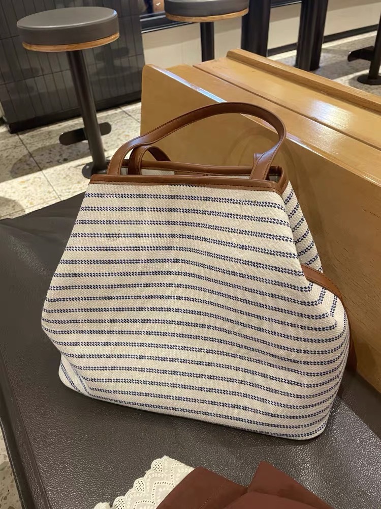 Korean Striped Canvas Tote Bag Large Capacity Shoulder Handbag_voghion.com