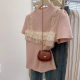 2025 New Summer Style Ruffled Chic Lace Splicing Knitted Fake Two-Piece Half Turtleneck Puff Short-Sleeved Top