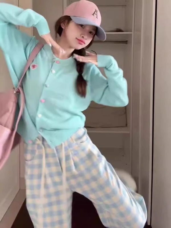 韩版浅蓝色长袖针织开衫女多巴胺上衣女早秋季薄款毛衣外套搭吊带|undefined