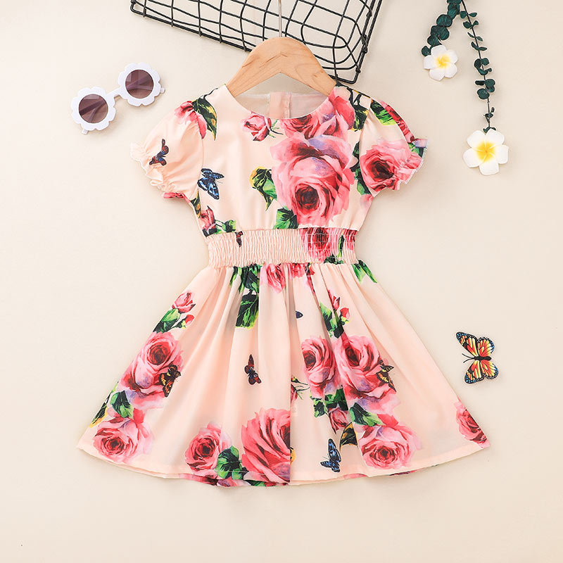 Kids' Skirt Clothing 2021 Summer Short-sleeved Printed Dress Chiffon Baby Girl Princess Dress Cross-border display picture 3