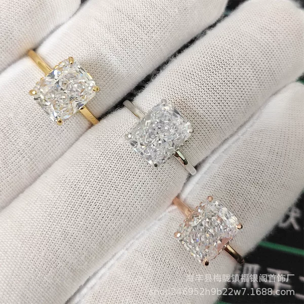 925 sterling silver cross-border 8A ice flower cut zircon simulation diamond four-claw ring female niche design French super flash square diamond