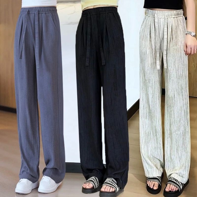 アイスシルクワイドレッグパンツ女性のための夏の2025新しいハイウエストドレープテクスチャーレイジースタイルルーズカジュアルフロアモップパンツ|undefined