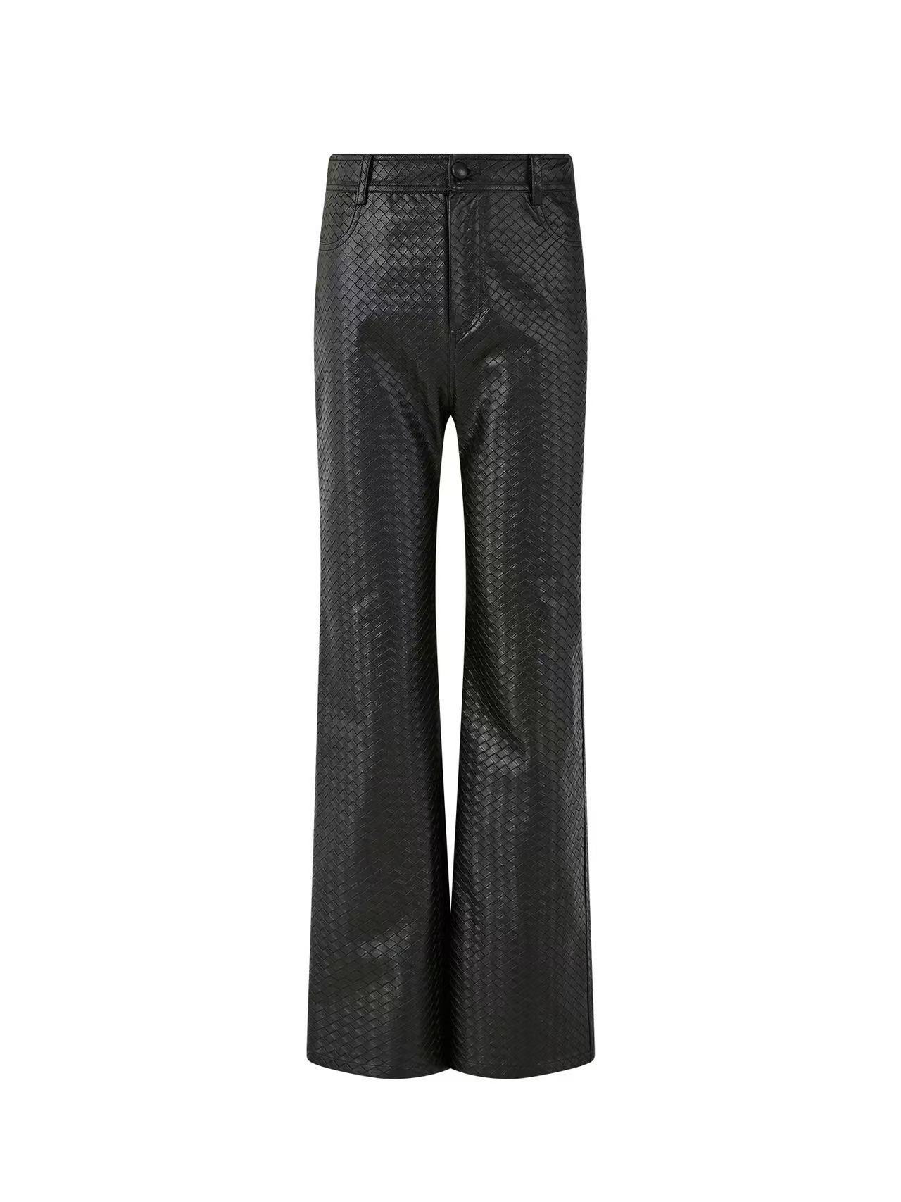 2025aw alta sensación de cuero cuadrado de diamante PU pantalones de cuero recto para mujeres temperamento de la hermana imperial de cintura alta pantalones largos de piernas largas