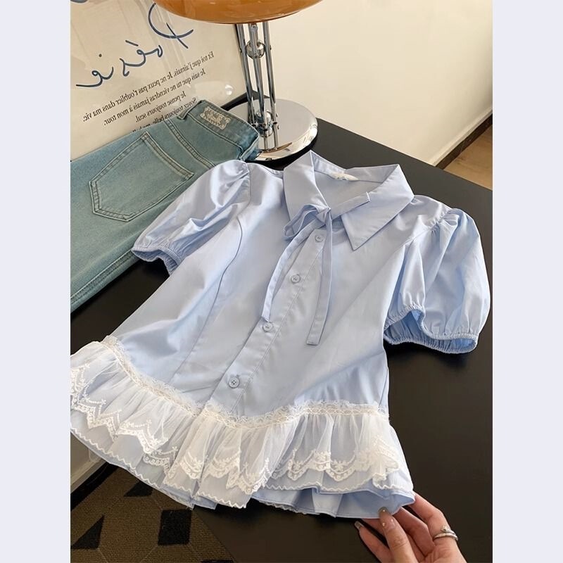 French Blue Lace Hem Short-Sleeved Shirt, Elegant Women's Top, Light Luxury, Age-Reducing and Western Style Design