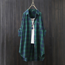 女装格子长袖衬衫女复古中长款上衣宽松薄外套春秋装衬衣色织工艺