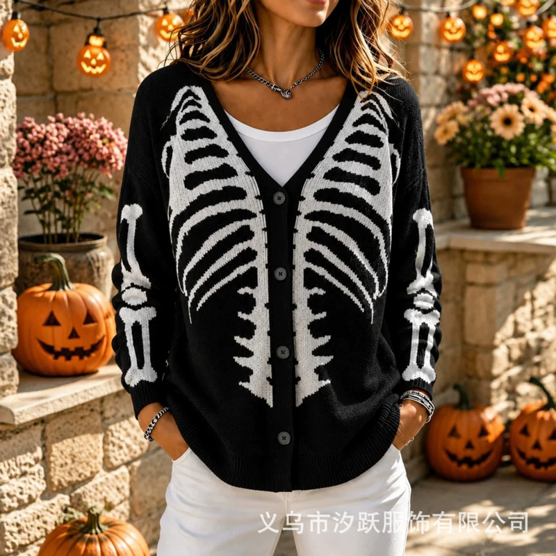 2025 Cross-border Amazon Winter Women's New Skeleton Rib Halloween Funny Print Women's Fashion Faux Sweater 2025 Cross-border Amazon Winter Women's New Skeleton Rib Halloween Funny Print Women's Fashion Faux Sweater