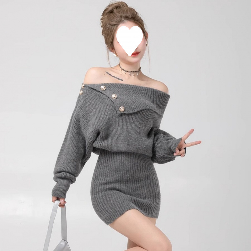 Tweed Style Sexy One-Shoulder Knitted Dress for Women in Autumn and Winter Hip-Hugging Sweater Skirt High-End Waist Skirt
