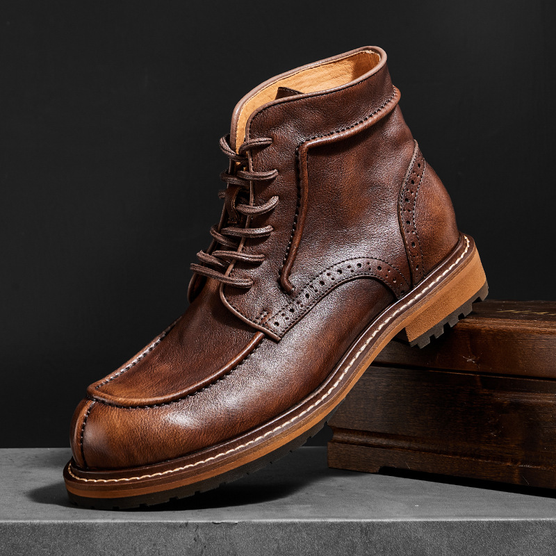 D184 British Style Genuine Leather Boots Autumn and Winter New Motorcycle Boots Retro High-Top Brogue Boots Men's Short Boots Retro
