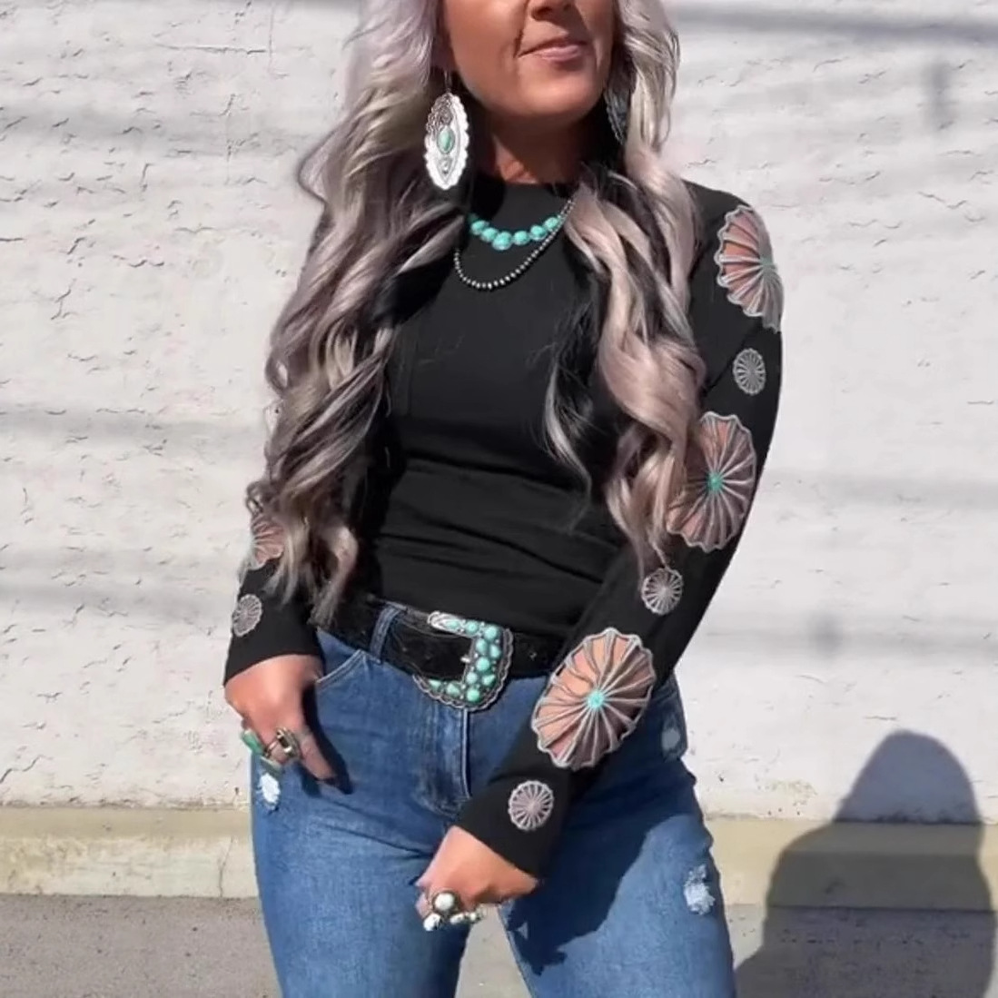 2025 European and American Clothing Amazon Independent Station Round Neck Long-Sleeved Autumn Clothing Embroidered Cut Out Top T-Shirt