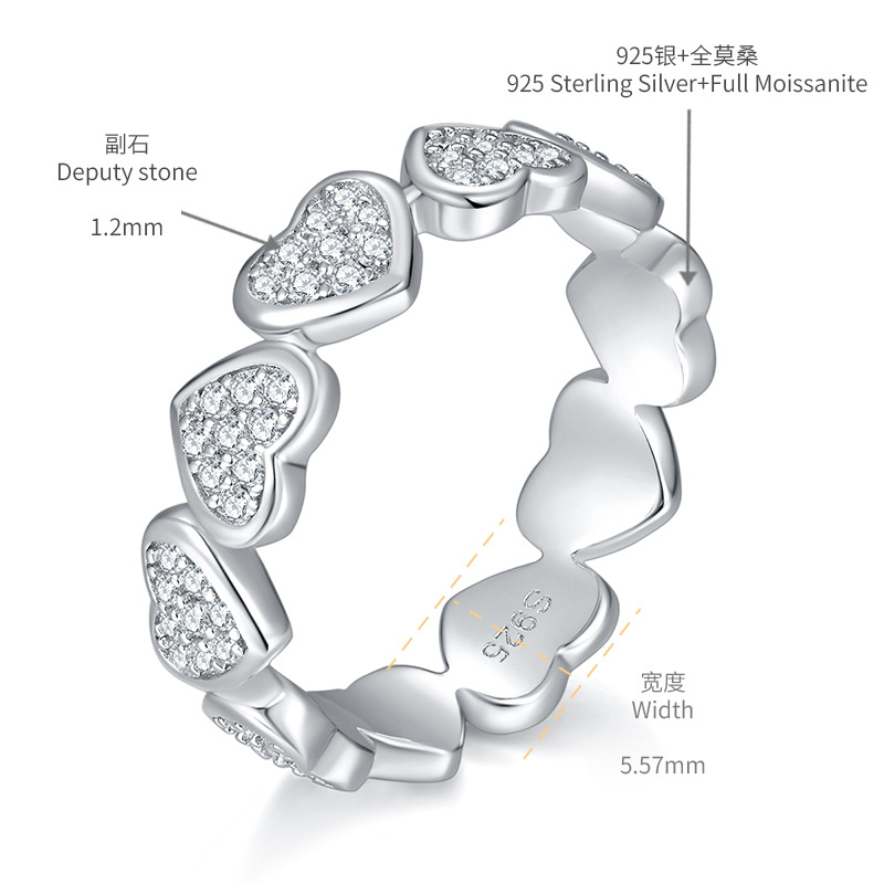 Diseño de nicho amor diamante completo D color VVS moissanite fila anillo mujeres desgaste diario S925 plateado 18K anillo