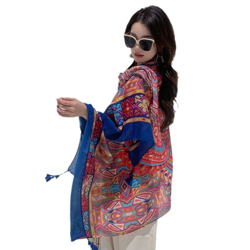 Primavera y otoño Delgado retro estilo étnico rojo geométrico impresión viajes protección solar exterior chal de algodón y lino sensación bufanda para las mujeres
