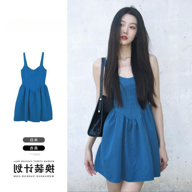 Young Adult Klein Blue Dress Women's Summer New Cute Age-Reducing Little Lace-Up Chic Suspender Skirt