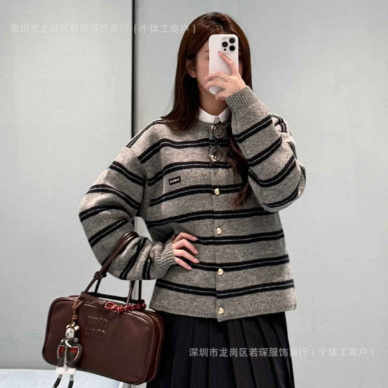 High Version 2025Ss Autumn and Winter New Miu Gray Blue Stripesd Gold Button Round Neck Knitted Cardigan Nautica Style Sweater