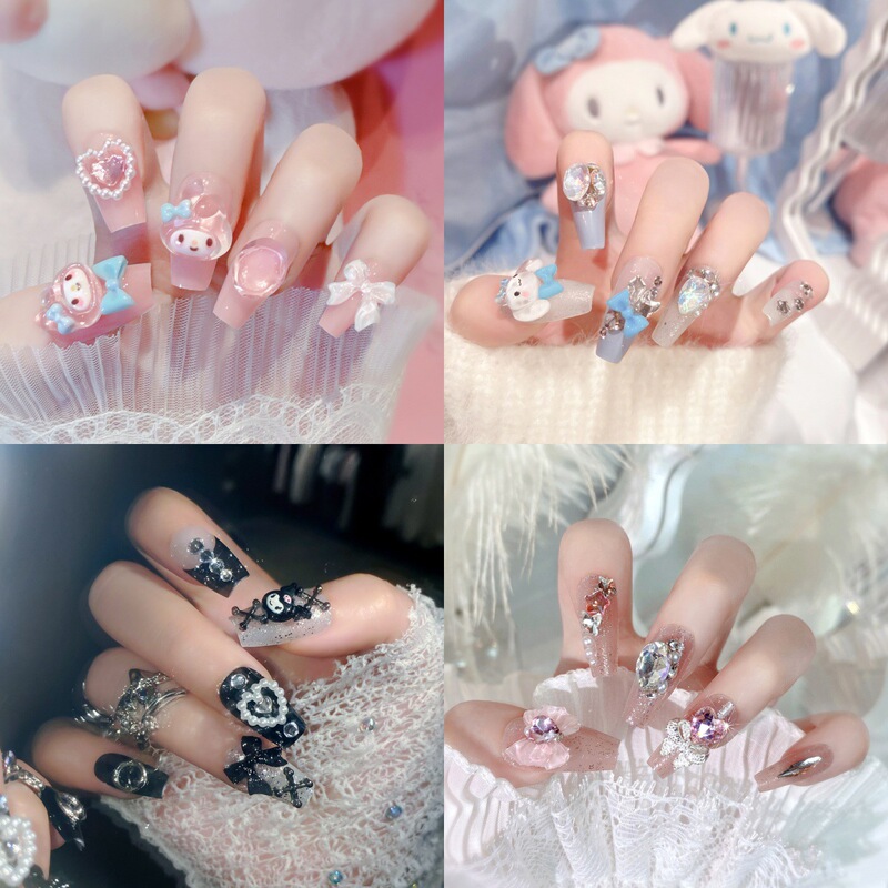 Cross-Border Cartoon Cute Nail Art Collection with Rhinestones, 3D Bow, Kt Cat, Heart-Shaped Wearable Nails, Nail Stickers Wholesale